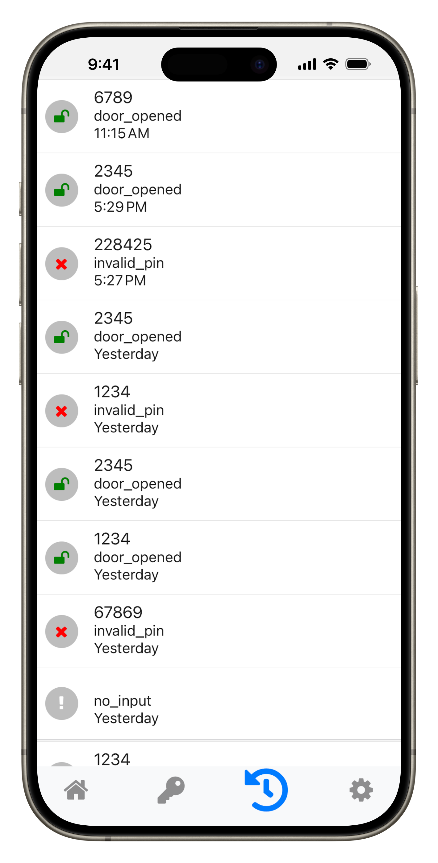 Knocker app displaying activity logs of door access with timestamps.