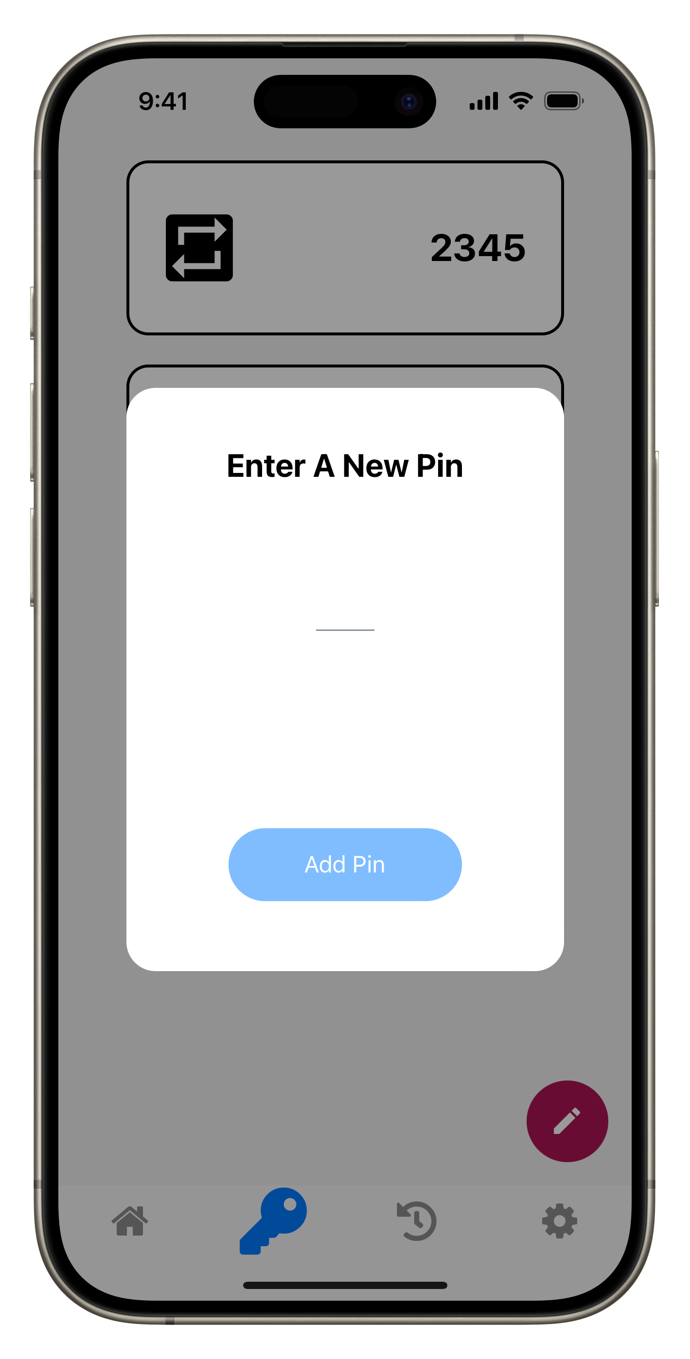 Knocker app showing a screen to enter a new PIN code.